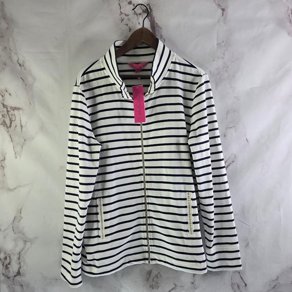 LILLY PULITZER Jacket Women XL Bennett Coconut Coastal Shell Striped Zip UPF 50